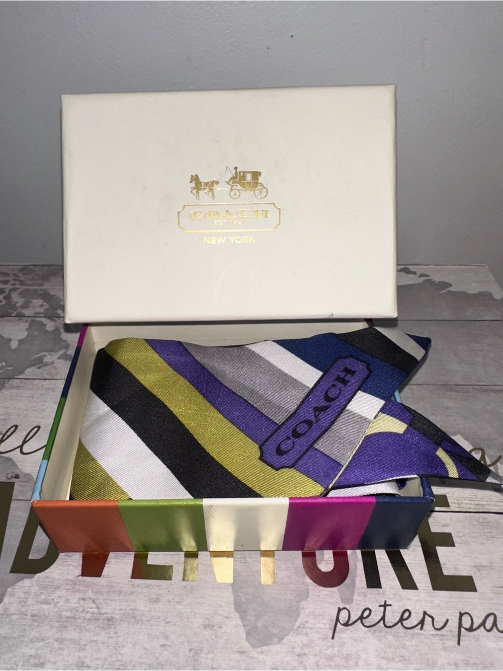 Vintage Coach Geometric Silk Purse Scarf with original box!